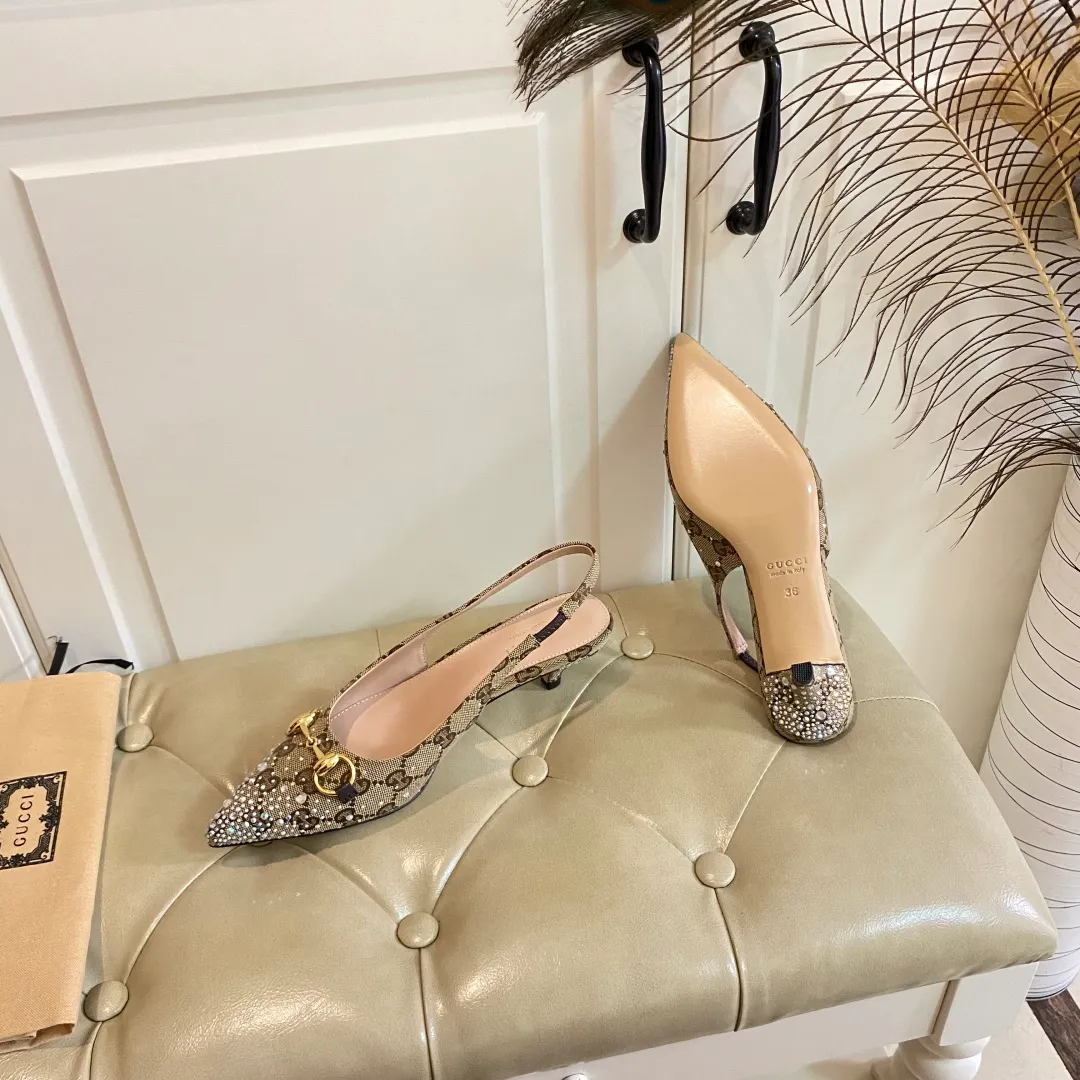👟👟Ex-factory price 660👟👟, Gucci high heels, original canvas embellished with bright crystals, sheepskin lining, leather outsole, size 35-40 (41 customized, non-refundable)